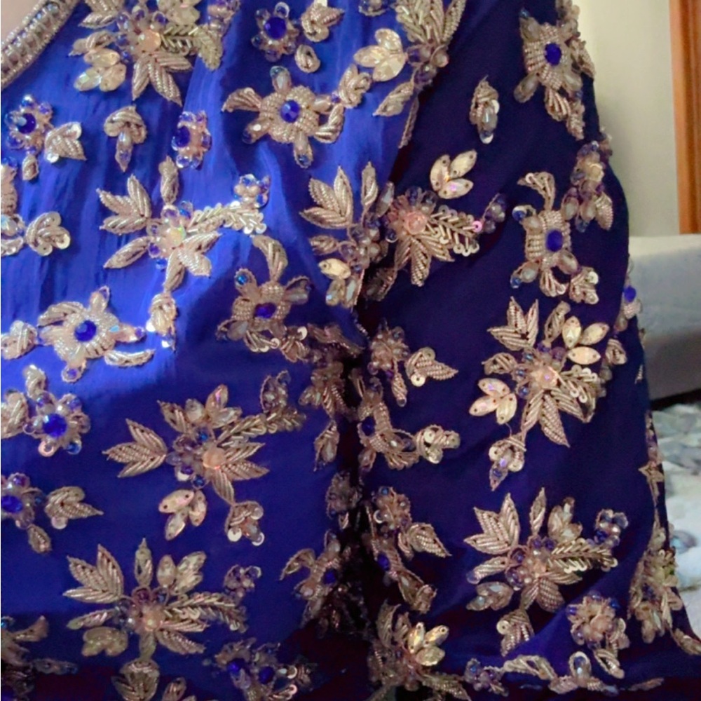 Elegant Blue and Gold Embroidered Wedding Dress